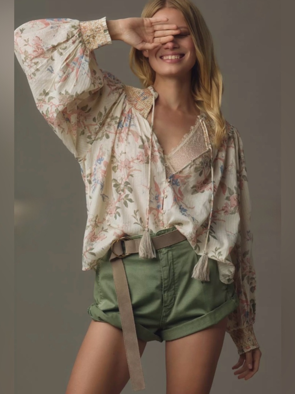 By Anthropologie Long-Sleeve Smocked Lurex Top Floral Peasant Blouse - Cream